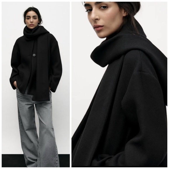 Zara Jackets & Blazers - ZARA WOOL BLEND SHORT COAT WITH DETACHABLE SCARF - BLACK